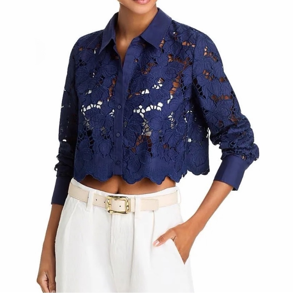 L'AGENCE Seychelle Lace Crop Blouse Button-Up Shirt Loose Fit Long Sleeve Top
